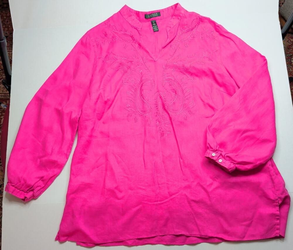 Lauren Ralph Lauren Linen Tunic Womens 2X Pink Embroidery V Neck Linen 3/4 Sleve